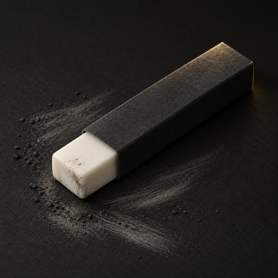 White precision eraser resting on graphite-marked paper